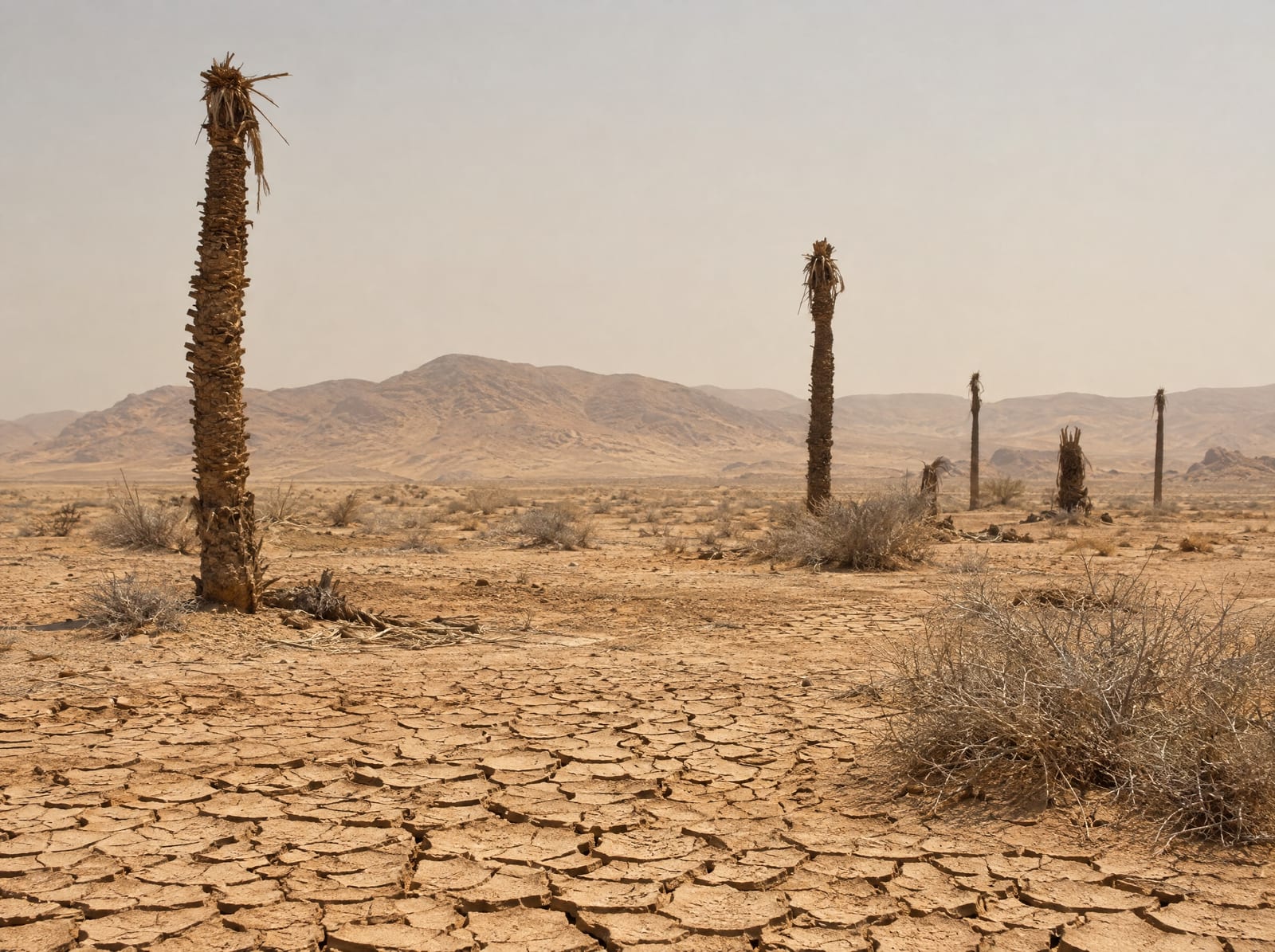 Ausgedörrte Wüstenlandschaft mit aufgerissenem Boden und kahlen, abgestorbenen Palmen