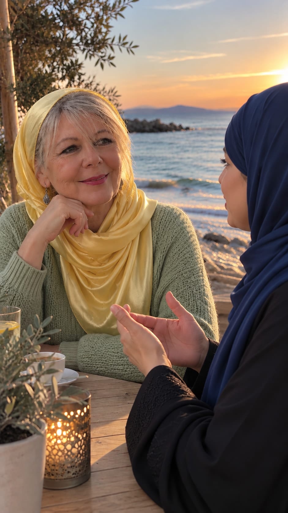 Friederike Anita Himmer im Gespräch am Meer bei Sonnenuntergang